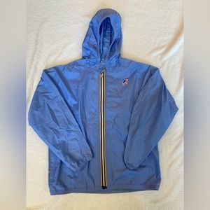 Compact Blue K-way Windbreaker Jacket With Zippers And Hood